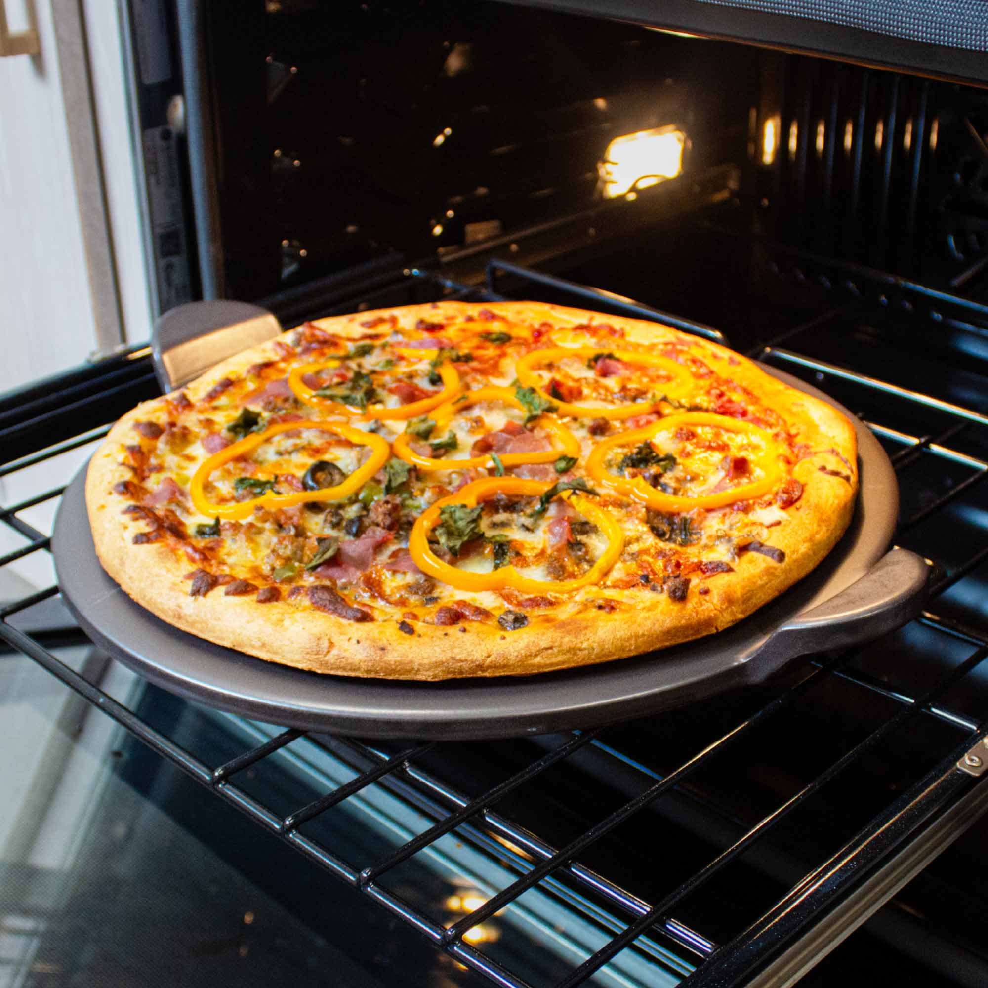 Glazed Round Pizza Stone with Handles, 15-Inch, Grey - Image 6