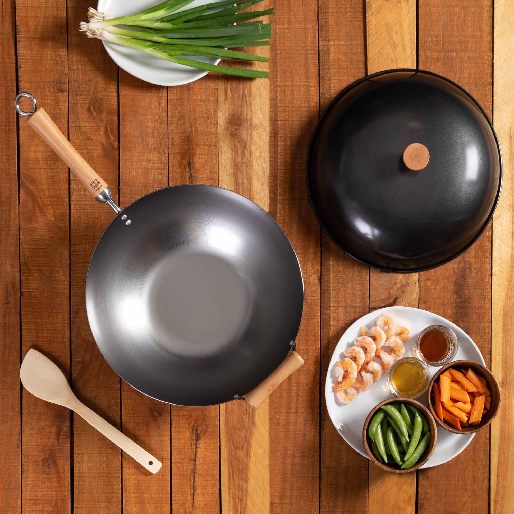 Classic Series 14-Inch Uncoated Carbon Steel Flat Bottom Wok Set with Lid and Birch Handles, 4 Pieces - Image 3
