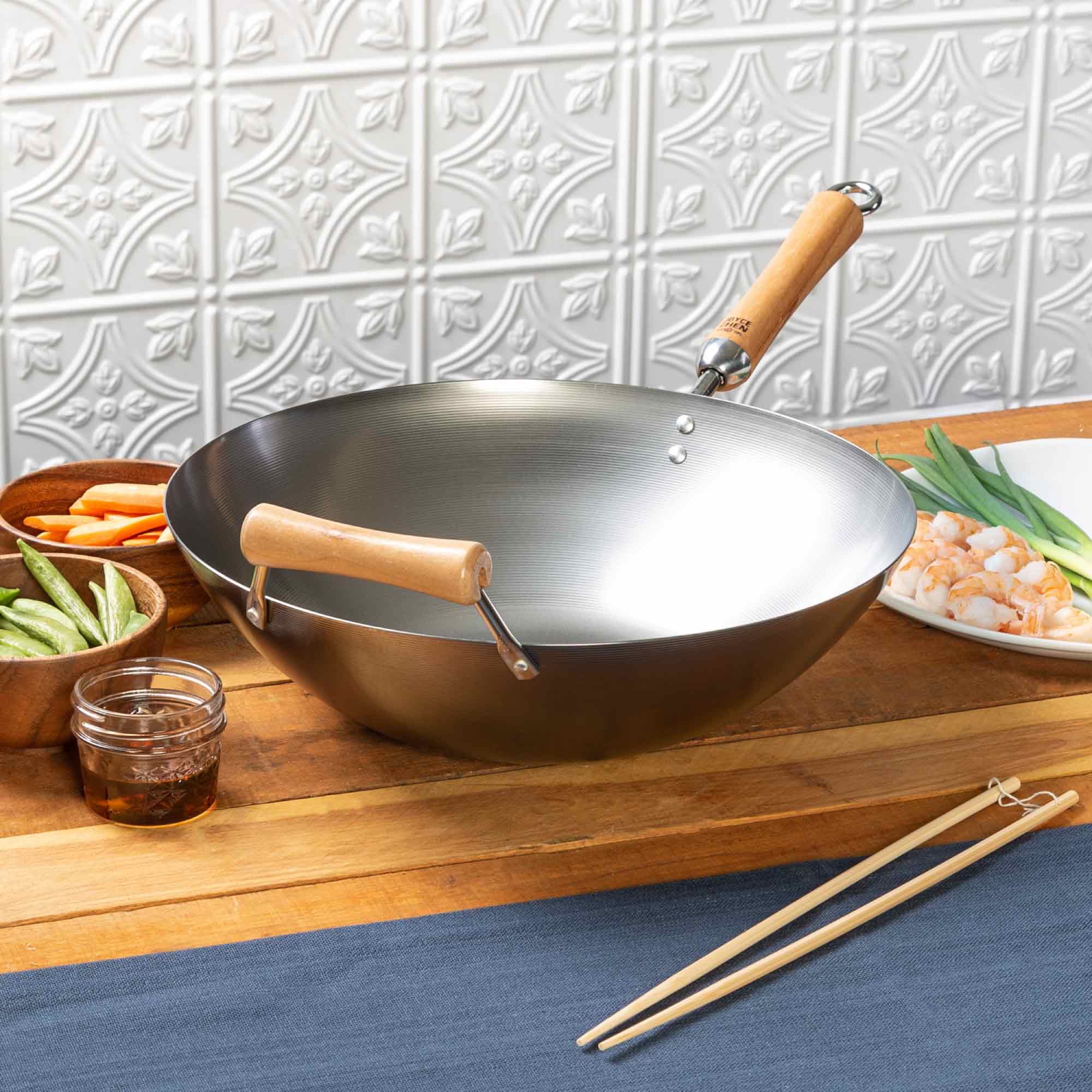 Classic Series 14-Inch Carbon Steel Flat Bottom Wok with Birch Handles - Image 5