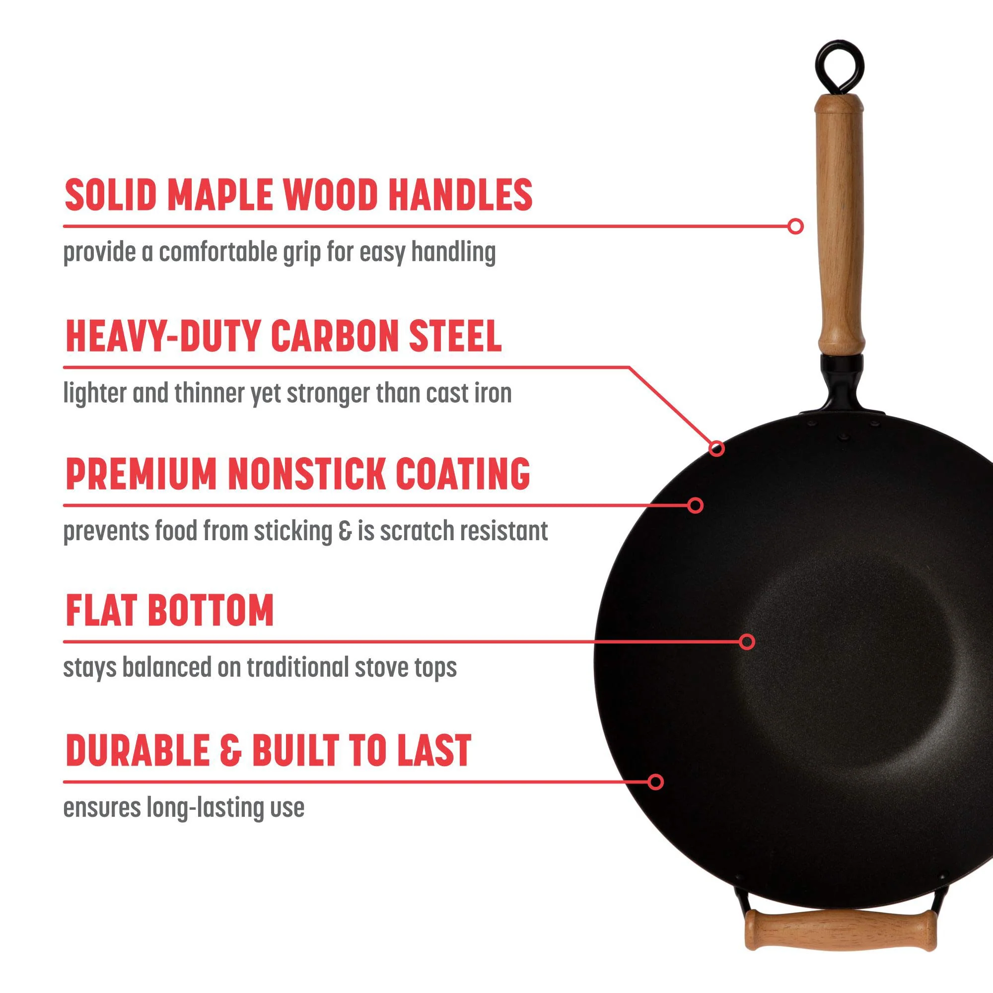 Professional Series 14-Inch Carbon Steel Ceramic Nonstick Flat Bottom Wok Set with Lid and Maple Handles, 10 Pieces - Image 2