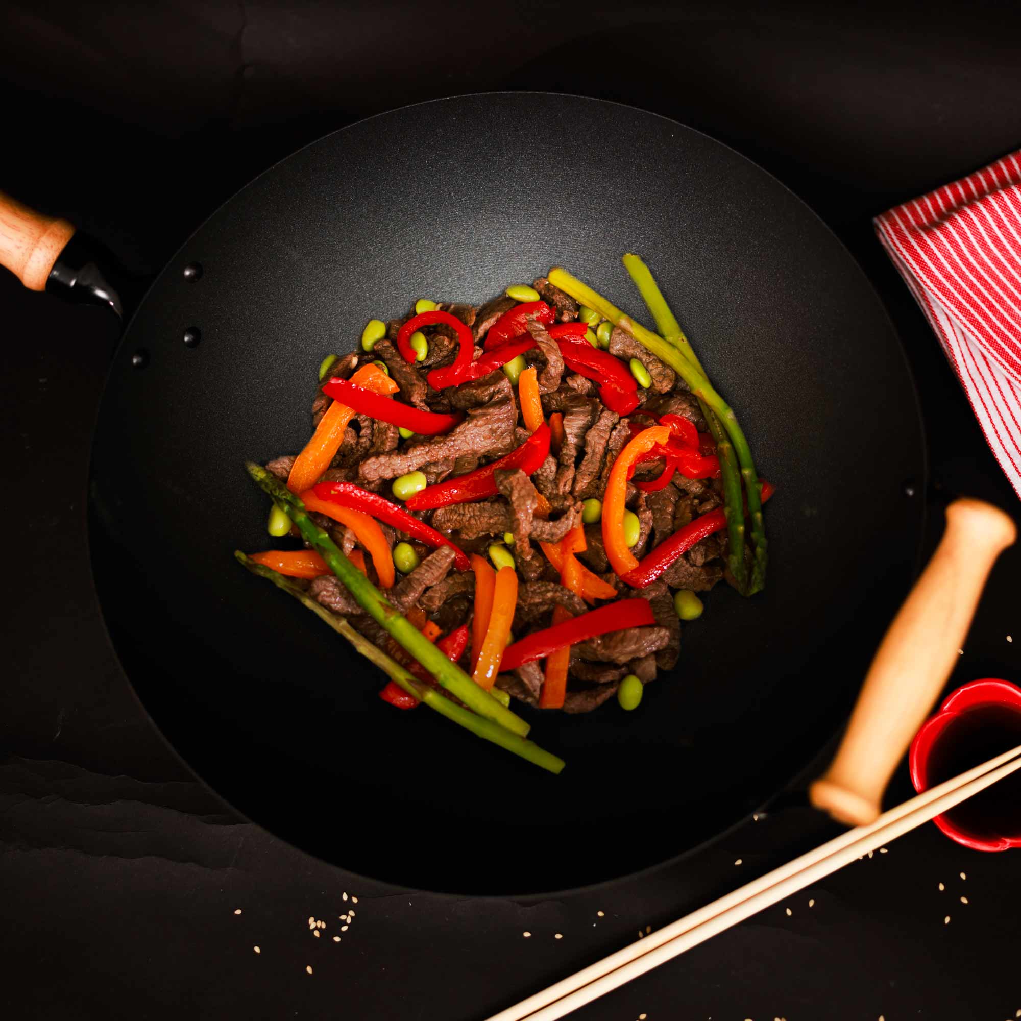 Professional Series 14-Inch Carbon Steel Ceramic Nonstick Flat Bottom Wok Set with Lid and Maple Handles, 10 Pieces - Image 3