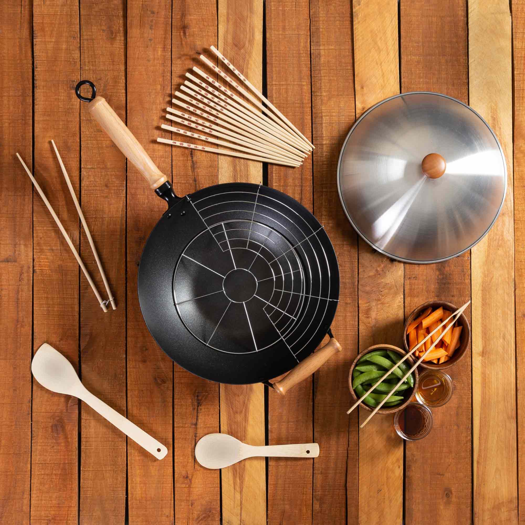 Professional Series 14-Inch Carbon Steel Ceramic Nonstick Flat Bottom Wok Set with Lid and Maple Handles, 10 Pieces - Image 5