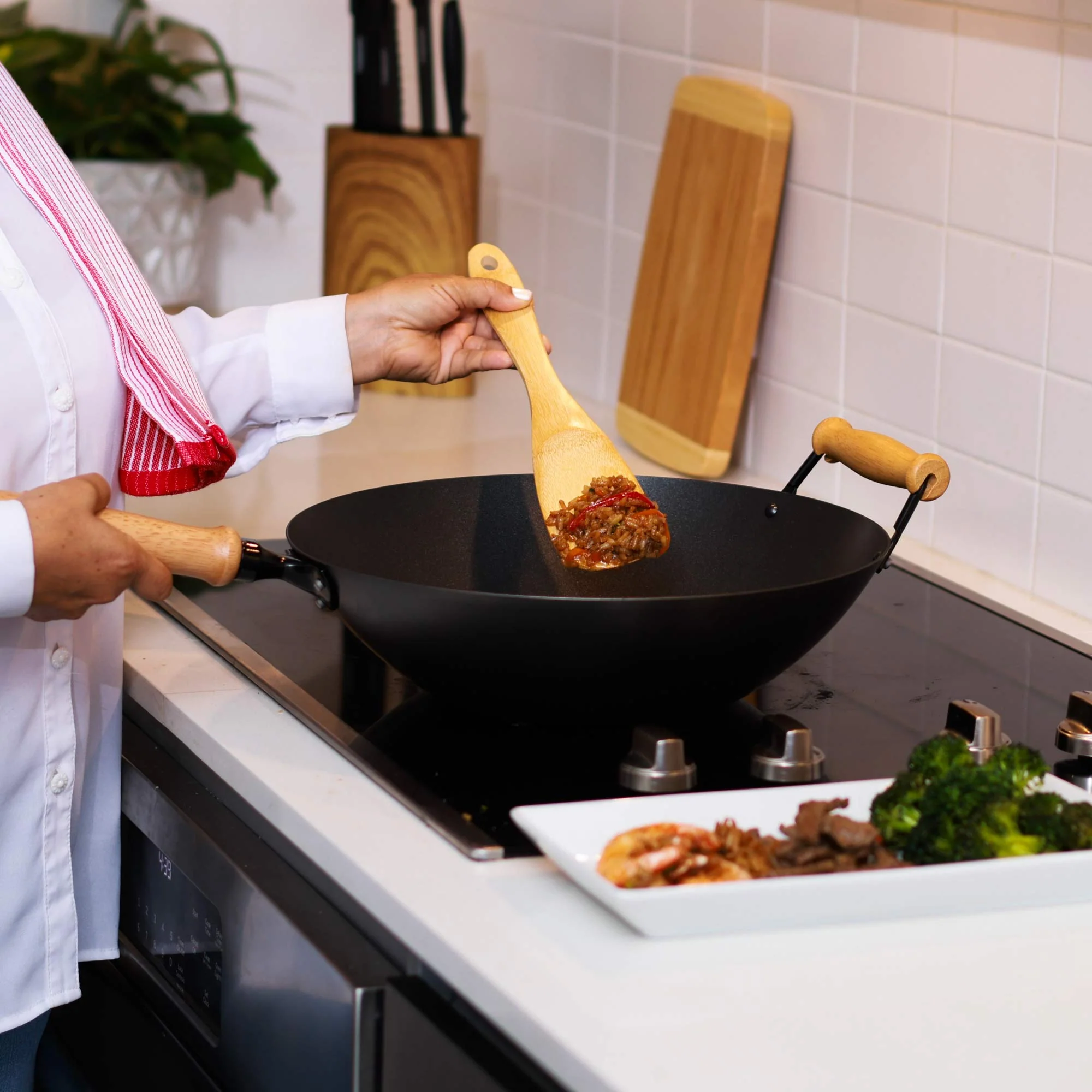 Professional Series 14-Inch Carbon Steel Ceramic Nonstick Flat Bottom Wok Set with Lid and Maple Handles, 10 Pieces - Image 6
