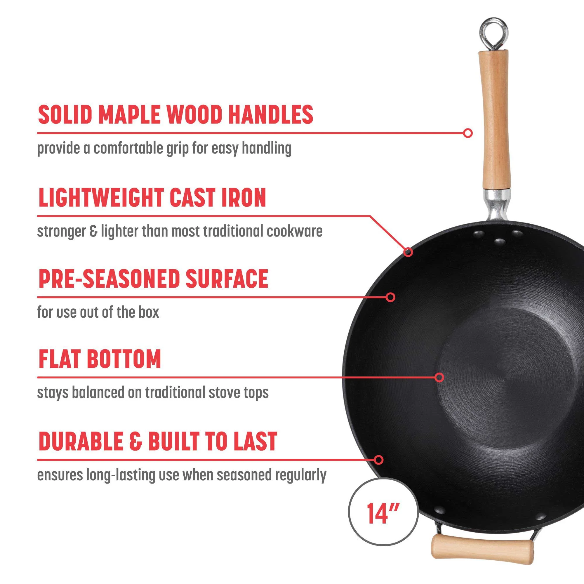 Professional Series 14-Inch Preseasoned Cast Iron Flat Bottom Wok with Maple Handle - Image 2