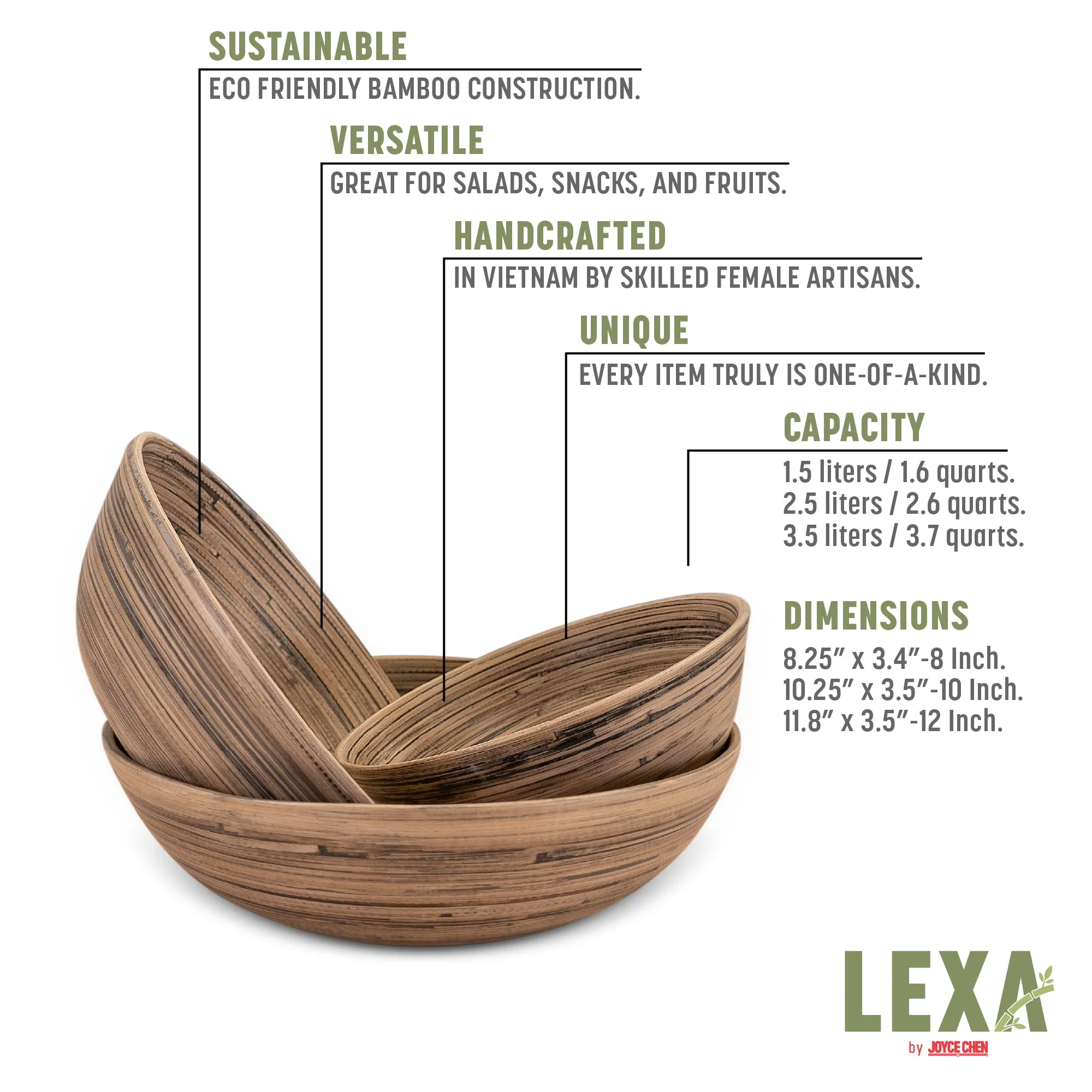 Lexa Bamboo 3-Piece Bowl Set, 12, 10, 8 Inch - Image 13